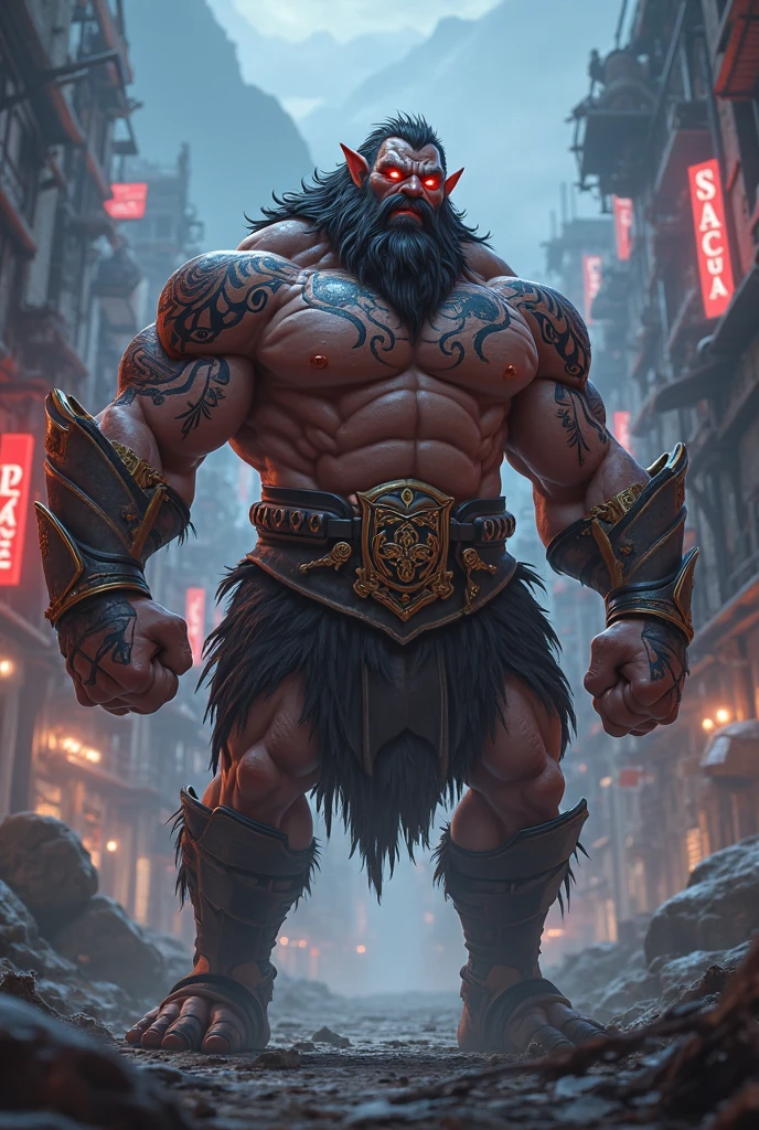 Zhu Bajie with cyberpunk city background, cinematic, realistic, high details, punk, journey to the West, humanoid,