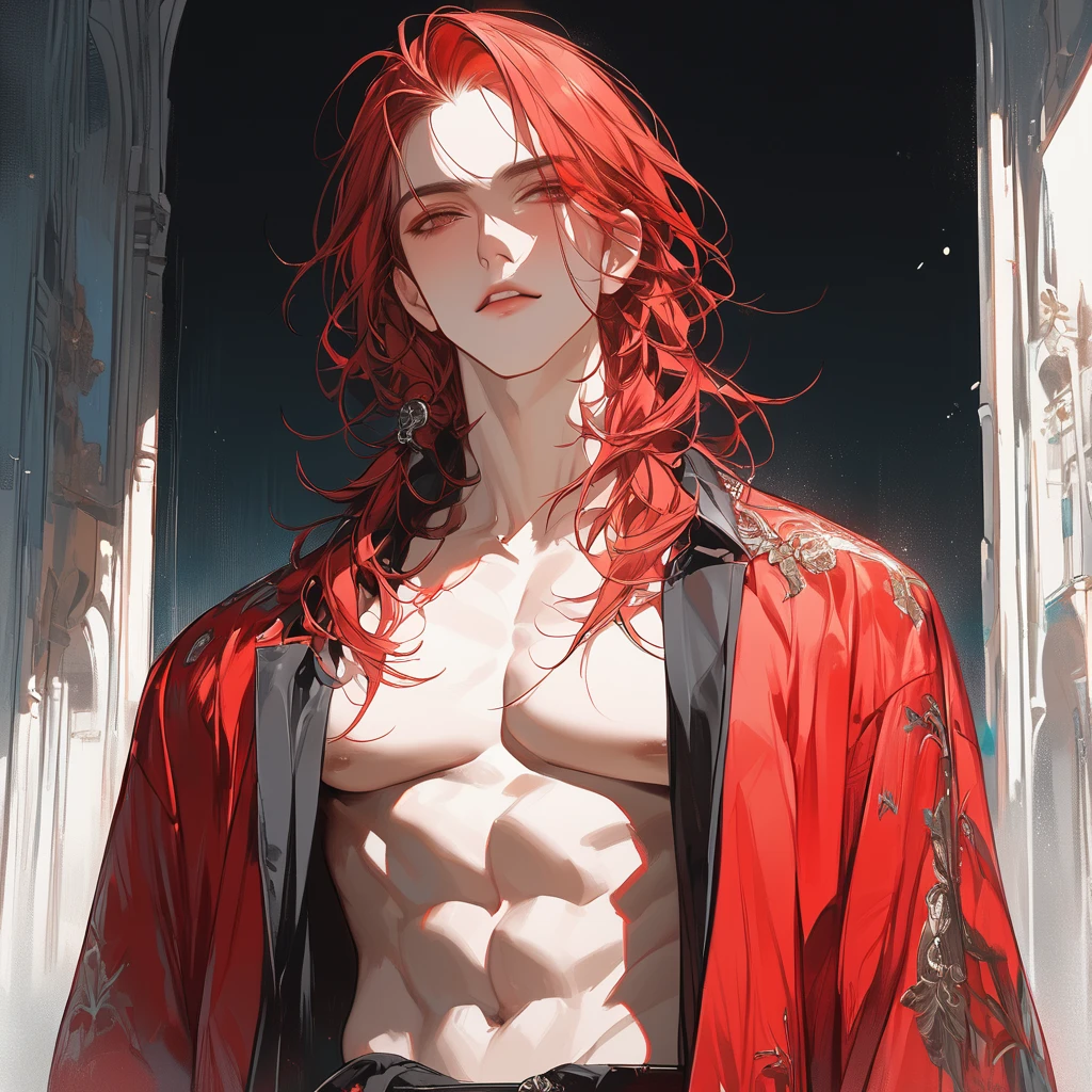 A young, shirtless boy with a cascade of fiery red hair that falls past his shoulders, standing forlornly in the dimly lit confines of his cluttered bedroom. The walls are adorned with faded posters of rock bands and superheroes, a testament to his youthful spirit that seems to have been momentarily subdued. His eyes are cast downward, brimming with a sadness that speaks of a burden too heavy for his tender age to bear. His slender body is partially obscured by the shadows, yet his taut muscles and light smattering of freckles hint at the beginnings of adolescence. His hands are wrapped around his erect penis, moving in a slow, rhythmic motion that suggests a desperate attempt to find solace amidst his turmoil. The bed behind him is unmade, the sheets tangled, as if mirroring the tumultuous emotions swirling within him. A solitary tear traces a path down his cheek, glistening in the soft glow of the bedside lamp. The scene is one of poignant vulnerability and stark contrasts: innocence and burgeoning sexuality, sorrow and self-exploration, all converging in the quiet sanctity of his personal space. The air is thick with the scent of unspoken secrets and the bittersweet taste of first heartaches.