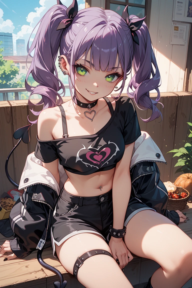 ((masterpiece,High resolution,Highest quality))
(28 years old,一人の浅Dark Skinの女性,Very small waist,Big Breasts, Provocative smile, Charm,
(Purple shorthair, Bangs alignment, Dark Skin,Pink Eyes,poorly eyes)
(Black Micro T-Shirt, No bra), tight, Bite, vibrator, Small Dildo, Put it in your panties,