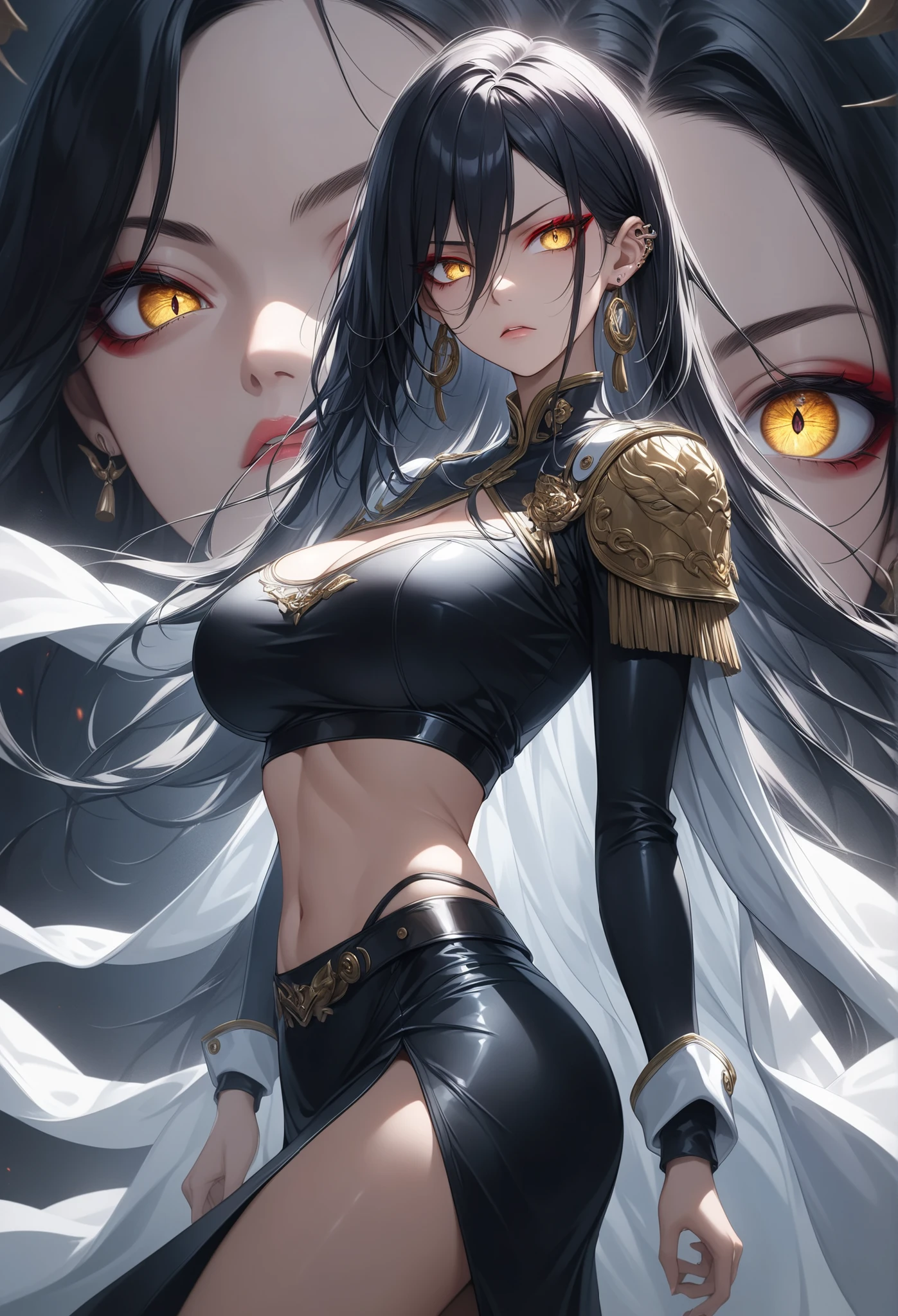 ((extreme quality)), ((Masterpiece)), (( Enrich the picture, Masterpiece level quality)), boa hancock, black hair, long hair, large breasts , golden eyes , extreme eyes details, fierce woman, raw 4k, perfect proportions , extreme hair detailed, extreme cloth detailed, extreme detailed , extreme background detailed, Movie scene, Realistically, Extreme Realistically, extreme resolution, ((great effect to highlight the subject)) , ( cinematic lighting , moody , textile shading) , perfect proportions , extreme detailed , volumetric lighting , soft lighting , glossy skin, glossy hair, beautiful face , extreme face details, Detailed facial features , Long eyelashes, Incredible atmosphere, Fascinating setting, dynamic pose, red eyeliner, ear rings , very angry face, very angry eyes, white cape, epaulettes, navel, crop top, side slit, long black sleeve,