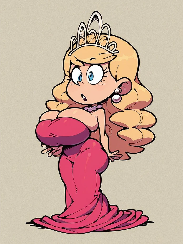 ((masterpiece, best quality)),(complex light),solo, solo focus, full body,1girl, Lola Loud, blonde hair, long hair, pink dress, pearl necklace, crown, pink gloves, big bulge, blushing