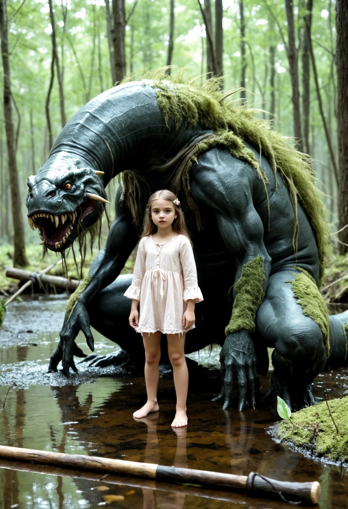 Very detailed innocent young girl, dressed in torn clothes , fighting a monster with a huge tail at a stake ring in the middle of a swamp