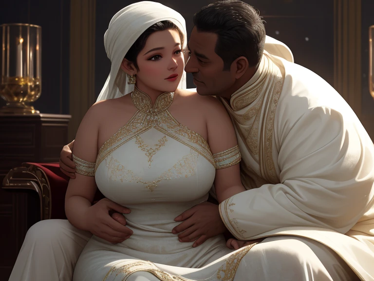 a tender intimate moment between a boy and his beautiful hijabi girl, the boy in casual outfit and mask, the girl in maid uniform with huge breasts, adorned with gold jewelry, passionate lovers on a bed, warm cozy room, girl's eyes filled with love and desire, sensual teasing smile