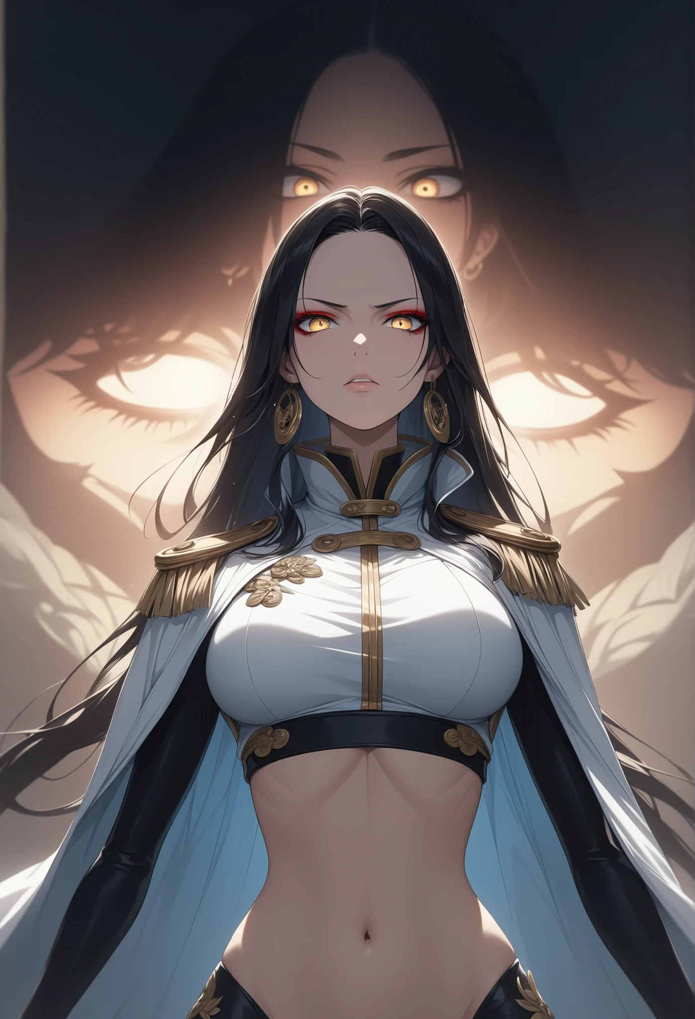 ((extreme quality)), ((Masterpiece)), (( Enrich the picture, Masterpiece level quality)), boa hancock, black hair, long hair, large breasts , golden eyes , extreme eyes details, fierce woman, raw 4k, perfect proportions , extreme hair detailed, extreme cloth detailed, extreme detailed , extreme background detailed, Movie scene, Realistically, Extreme Realistically, extreme resolution, ((great effect to highlight the subject)) , ( cinematic lighting , moody , textile shading) , perfect proportions , extreme detailed , volumetric lighting , soft lighting , glossy skin, glossy hair, beautiful face , extreme face details, Detailed facial features , Long eyelashes, Incredible atmosphere, Fascinating setting, dynamic pose, red eyeliner, ear rings , very angry face, very angry eyes, white cape, epaulettes, navel, crop top, side slit, long black sleeve,