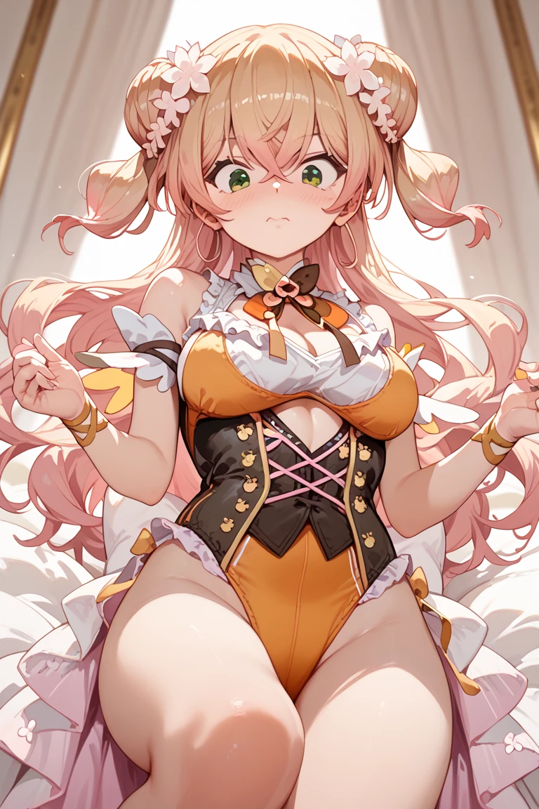 idol costume、frills、ribbon、puffy short sleeves、little princess pichi,huge breasts,young girl,small 、squat with legs apart、striped panties、striped underwear,Please open the white love juice on your thighs.、Drip a large amount of love juice、blush、embarrassed look、colorful costumes、large amount of liquid leaky panties get wet、Panties are transparent
