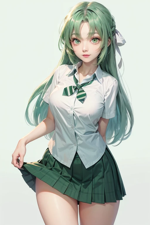 High school girl with silver hair ponytail、Green plaid skirt、white blouse and green tie、white stockings、White garter belt、Best Quality、masutepiece、Leather bags,Pleasant look、red blush