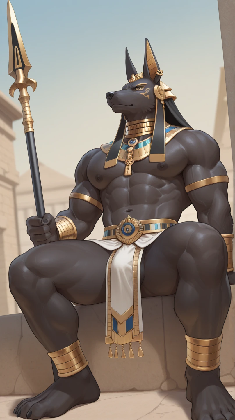 Tall__muscular_anubian_jakal exta_muscular sweat_body slight_belly full_breasts female_futa futa_penis futa_masturbation cum horny_face dark_body public_hair yellow_eyes solo Masterpiece best_quality absurdres highly_detailed cleanly_drawn_eyes anthro_only by_pixelsketcher, by_ewgengster, by_underscore-b, by_runawaystride claws feets nude hazy egyptian_palace