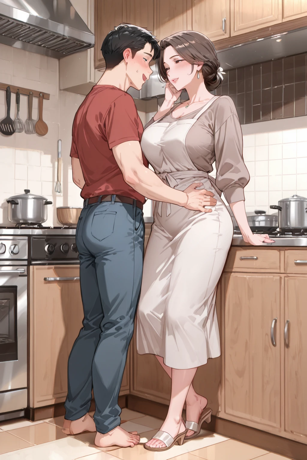 ((1 mature mother and her young son at kitchen, cooking:1.4)),Delicate details on the lips,a milf,artstationh trend,intricate face details,curvy physique,(thick body),vibrant,4k,12k resolution,seductive, mom boy seductive ippo makanaochi, ((lingerie, stockings , expose pantie, slim body, slim leggs : 1.2)