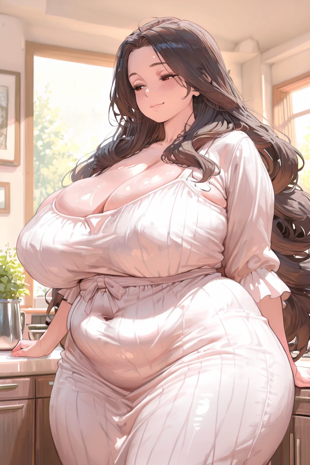 obese and thicc milf , silk waist-long dark hair , big round firm belly, sweater and pants, soft smile, motherly and nurturing, look, cute, tight clothes, tight pants, pants unbuttoned, pants unzipped, belly spilling out