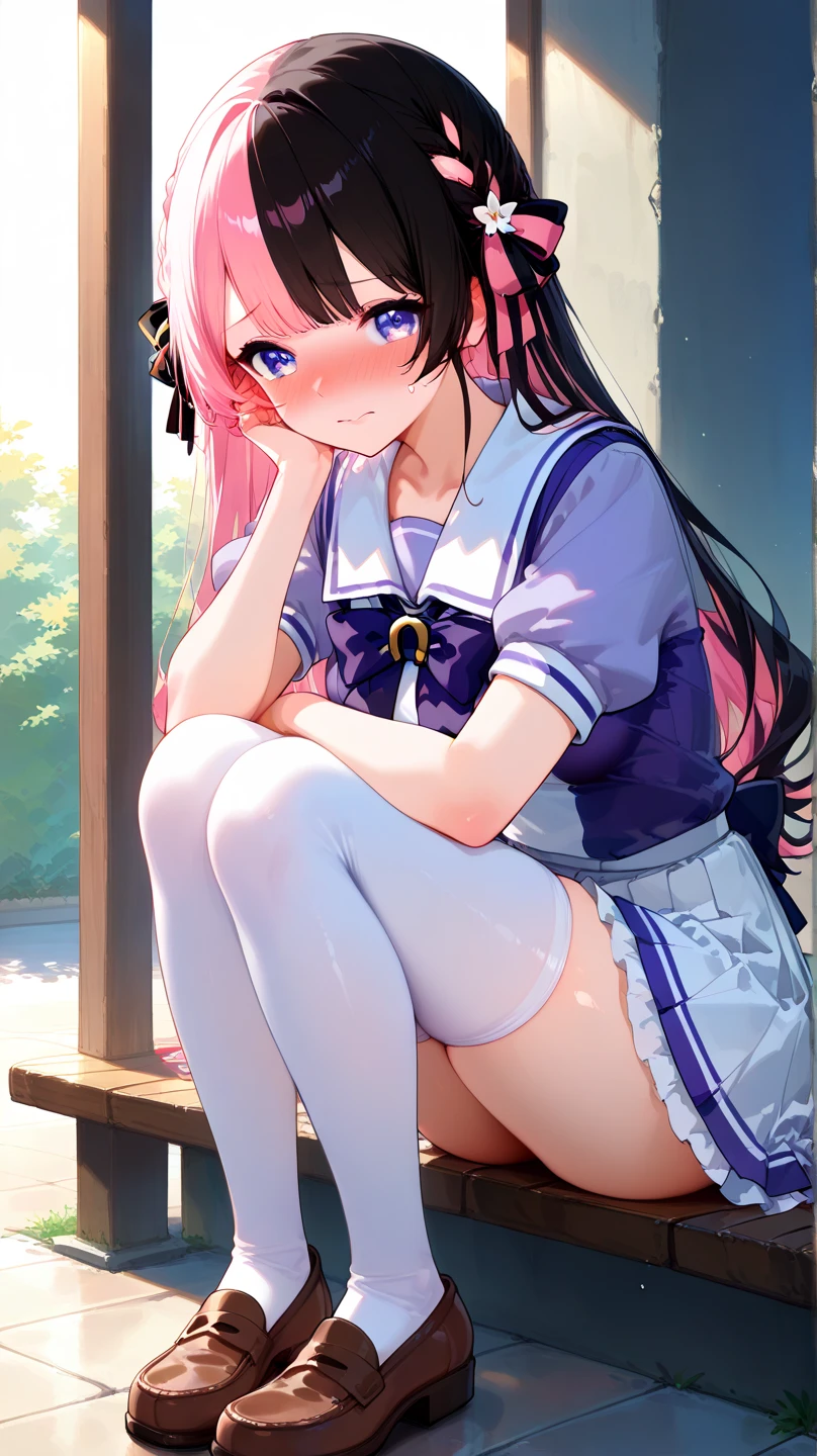 black pantyhose,loli,sailor,skirt,cute,lying,,pink hair,twintails,,shy,medium breasts,panties under pantyhose