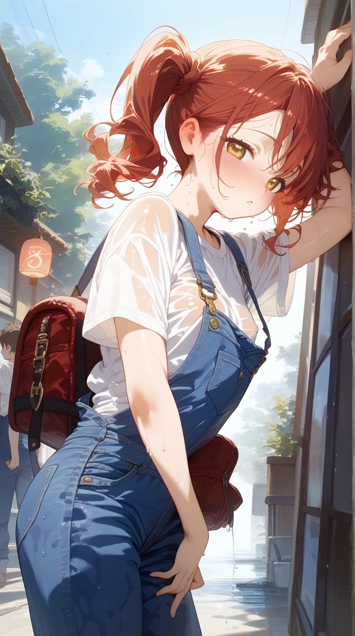 gonzarez, masterpiece, , 1girl, solo, , green eyes, orange hair , side ponytail, skirt, camisole, looking at viewers , crying, close eyes, tears, raining, outside, city background, night, we