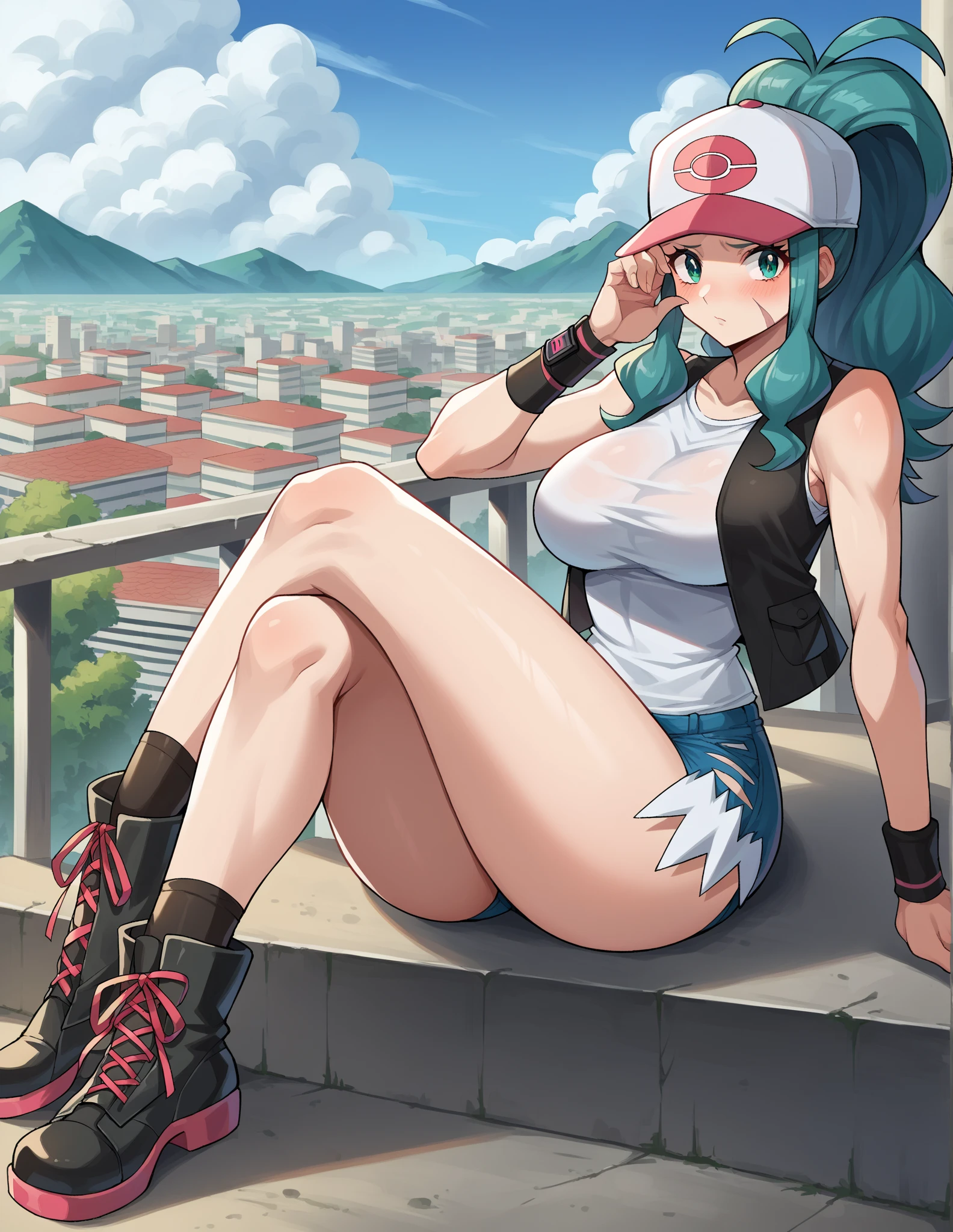 kiriko , thighs, full body, black high heels, nude tits, sitting, green water jeans pants, wide hips, medium tits