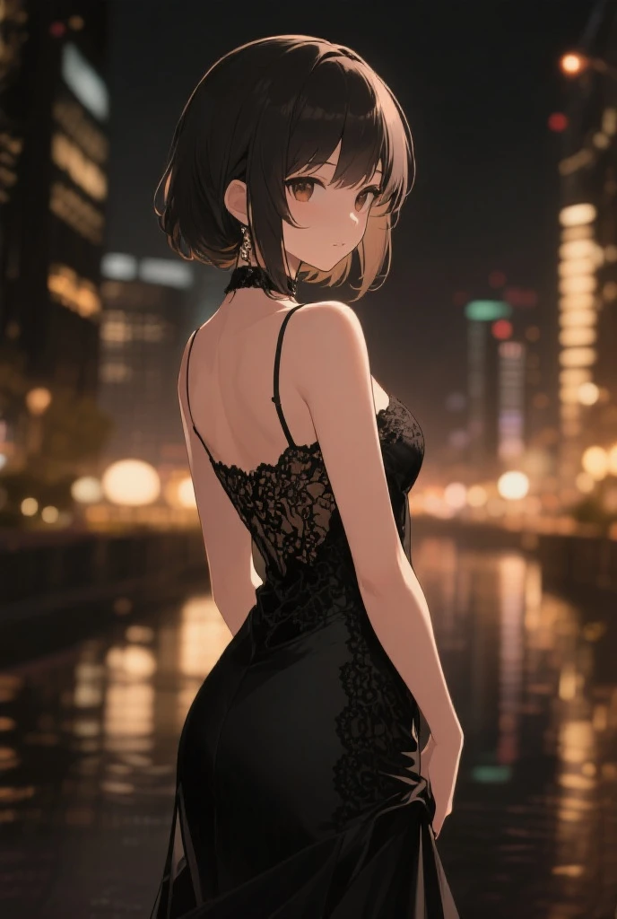 ((Highest quality, High resolution, masterpiece, detailed)),
Cowboy Shot, Written boundary depth, View your audience, Anatomically correct, woman, Shiny skin,
(short hair),
Beautiful details, Beautiful Hair, Beautiful Face, Beautiful back, Beautiful body, Beautiful ass, Beautiful thighs, Beautiful feet,
(See-through dress),
(Beautiful views), night, Tree-lined street, (smile),