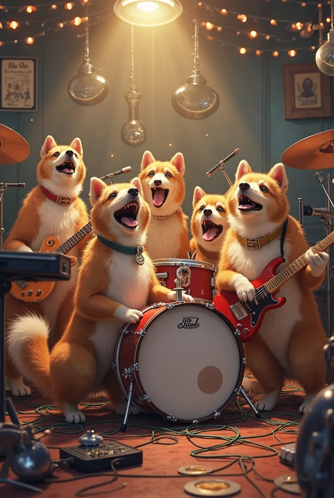 (action packed:1.3), (haze, fog, mist:1.3), chiaroscuro, best quality, photorealistic, The fat cat is playing the electric piano, the fat white dog is playing de electric bass, the monkey is playing the drums and three hyenas are singing the chorus in a control room of a professional recording studio, where we can see the console and monitors.