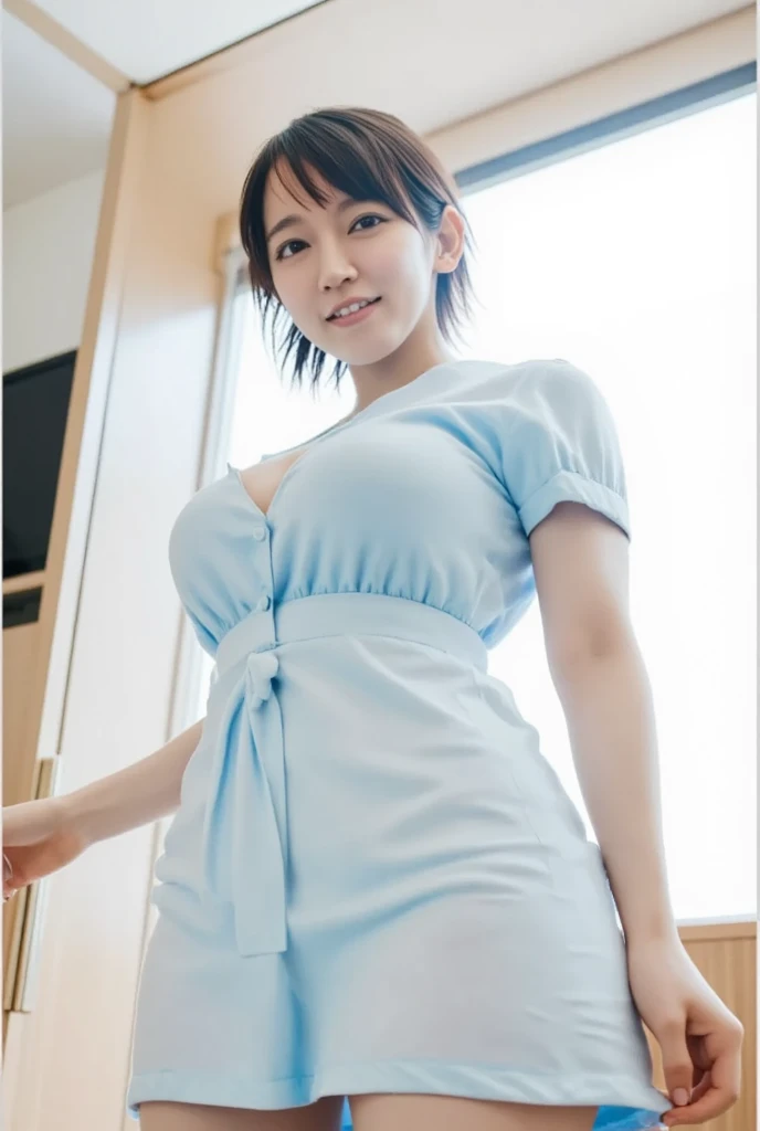 Highest quality、masterpiece、8K、Very detailed、Realistic、50 years old、Wrinkles around the eyes、Wrinkles around the mouth、One person、Looking at me with a smile、whole body、Big Breasts、Erect nipples、Thin and beautiful legs、Tight and slim waist、A tight-fitting nurse uniform with buttons and a collar、skirt、forward leaning posture