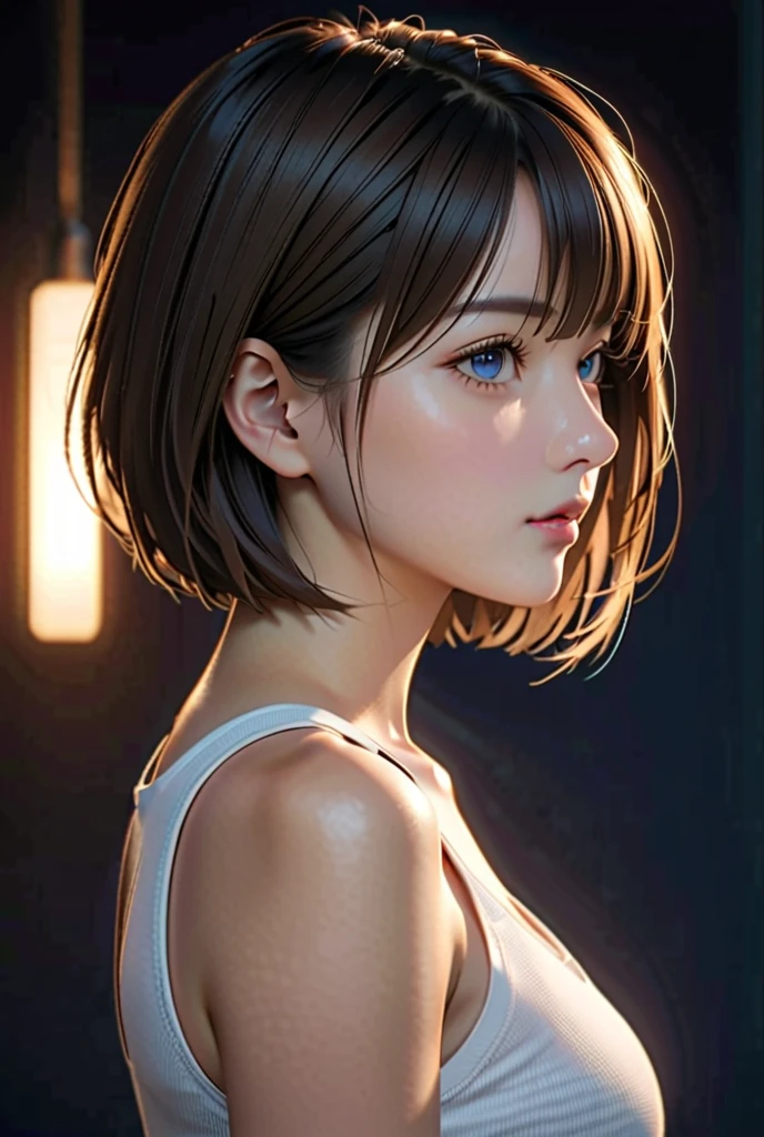 Hyperrealistic female portrait by David Hockney and Alphonse Mucha, fantasy art, photorealistic, dynamic lighting, artistic station, poster, Volumetric lighting, very detailed face, 4k, prime, (sombre: 1.6), a girl, In the sombre, deep shadows, discreet, portrait, (Bikini: 1.4), short hair, dark hair, peel it latina