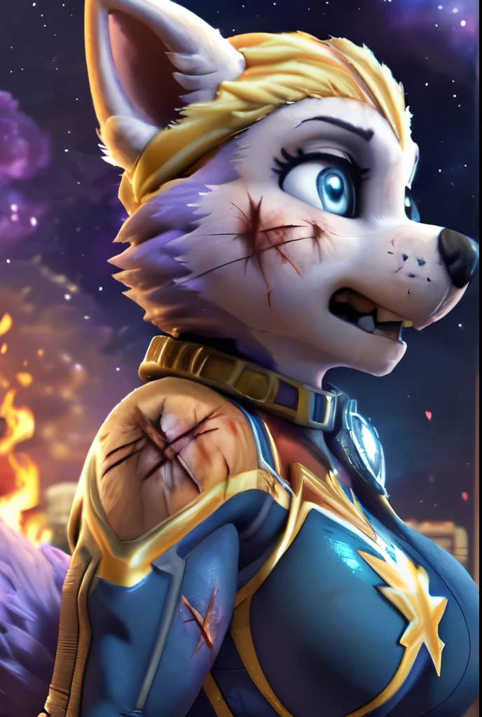Everest, ((Paw Patrol)), ((female solo)), domestic dog, female, adult female, blue eyes, (lavender fur:1.65), ((lavender body)), (wearing captain marvel outfit:1.45), (wearing Paw Patrol collar:1.45), (wearing aqua winter hat:1.25), ((sharp teeths)), ((large fangs)), blue eyes, (Shiny eyes:1.6), ((Pixar eyes)), perfect eyes, ((glowing eyes)), (hyper realistic:1.65), long fluffy tail, very large tail, tail up, very furry and fluffy, ((very large fangs)), perfect ligthing, (Cyberpunk city background:1.25), (fire at background:1.65), ((many hearts all over the screen)), (front side view:1.25), ((seductive break)), ((spread legs)), spread legs, (rajii:1.1) (dimwitdog:1.1), (thesecretcave:1.25), (cooliehigh:1.1), (miles-df:1.1), (complextree:1.1), (pixelsketcher:1.1), (foxovh:1.1), (zaush:1.1), (avante92:0.70), (meesh:1.1), (inu-sama:0.80), (cervina7:1.1), (F-R95:0.70), (R-mk:1.1), (xpray:1.1), (standing tall:1.65), (large fluffy tail:1.65), (close up to face:1.15), (angry expression:1.35), (nebula:1.45), (starry:1.45), (planet at sky:1.45), (hyper breasts:1.35), (anthropomorphic:1.45), (wounded body:1.85), (scars all over her body:1.45), (some muscles:1.45), (strong female:1.35), (hyper breasts:1.25), (white ears:1.55), (3D render:1.25)