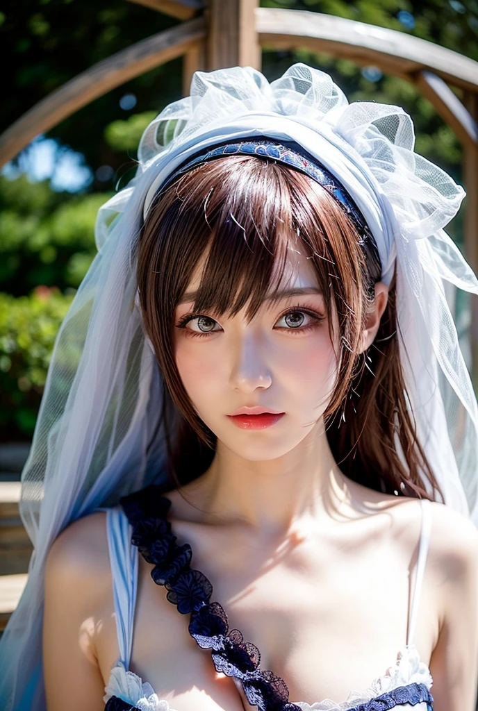 (makima \(chainsaw man\), (red hair)+(long braided hair)+(bangs), yellow eyes, golden eyes, (ringed eyes),(RAW photo:1.2), (photorealistic:1.4),(masterpiece:1.3),(best quality:1.4), dreamlike, (detailed eyes),(detailed facial features), (detailed clothes features), skin tight, (shiny skin),(slender girl),(slim girl), 1girl, ((full body)),solo, cute,smlie, large breasts,<lora:makima_offset:1>,VirtualGirl-Aim, bangs, crystal pendant, white Wedding veil,Gorgeous white wedding long dress,white Bridal Gloves,white Wedding stockings,