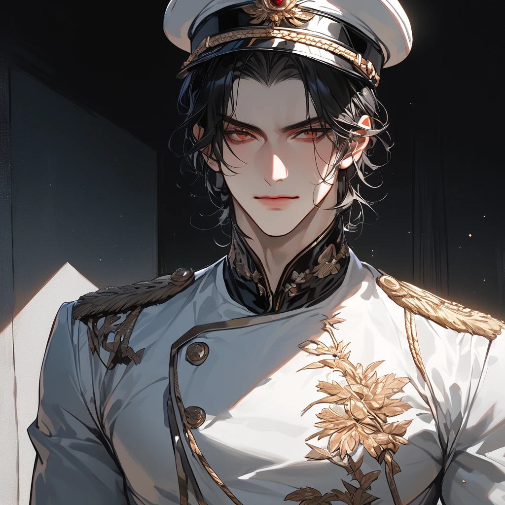 (Highest resolution, distinct_image) A man of the best quality, masterpiece, highly detailed, semi realistic, black short haired man, with center hair, 18 years old, young, tall and strong, pure white clothes, white uniforms, military uniforms, military academy, unruly, unrestrained, handsome, authoritarian, powerful aura, fine facial features, facial details,