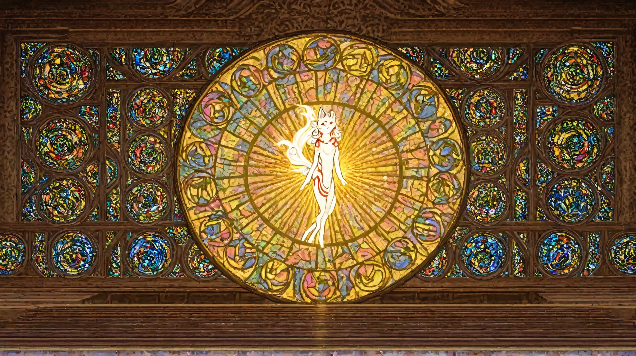 Stained Glass Texture,Majestic God 々A cool appearance,Shinto Temple-like Backdrop,Golden Rays,Amaterasu Omikami in Japanese mythology,Bright Pastel Colors,Intricate and Detailed Modeling,4K High Resolution,Precise Oil Painting Touch, ultimate high quality ,Professional Reality,Delicate and vivid colors,Sharp and Clear Focus,Superb Mysterious Atmosphere