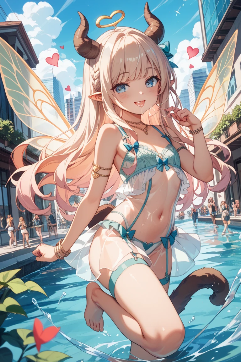 caustics, high details, high quality, sparkle, pastel colour, 1girl, fairy, fairy in fantasy, girl with wings on her back, big wings on the back, fairy wings, sister, small, cute, smile, blush, open mouth, beautiful girl, looking at the camera, shiny hair, light brown hair, very long hair, long hair that reaches the butt, blunt bangs, straight hair, half up pigtails, long ears, white long ribbon, blue eyes, droopy eyes, beautiful eyes, sparkling eyes, flat chest, curvy, beautiful stomach, belly button, beautiful thighs, pale emerald green dress, see-through dress, strap dress, gold trim dress, pale emerald green panties, side string panties, gold trim panties, barefoot, golden bracelet, golden ankle bracelet, luxurious gold necklace, golden earrings, Transparent wings, insect wings, Plains of white flower, pale sunlight, on the lake, petals dancing in the wind, hair blowing in the wind, colorful flowers, shoot from above, full body shot, front view
