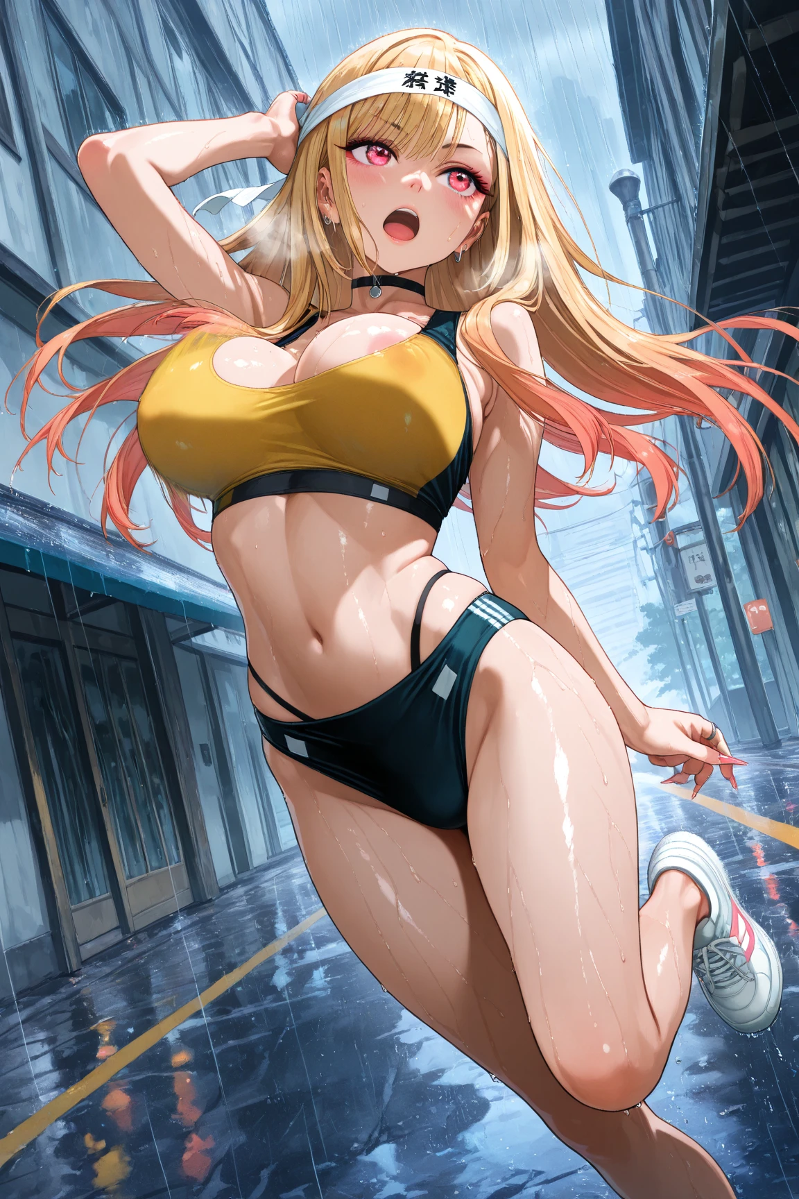 Shot from below、Standing with your legs apart、Standing with feet shoulder-width apart、Cute girl、highest quality、Ultra - High resolution、High resolution、Highly detailed CG、8k unit wallpaper、18-year-old、Careful and gentle eyes,Delicate and beautiful smile、Platinum Blonde Hair、Asymmetrical Hair、((( Dark Skin:1.5)))、(Shiny body,:1.5)、rabbit ears、(((loose socks、big breasts))) 、(Orange motocross jacket with green details, Biker clothes. Detailed design、Skin-colored bikini)Double Peace 、2.5D、My girlfriend、Grab the bikini strings、Tight bikini、Open your feet wide