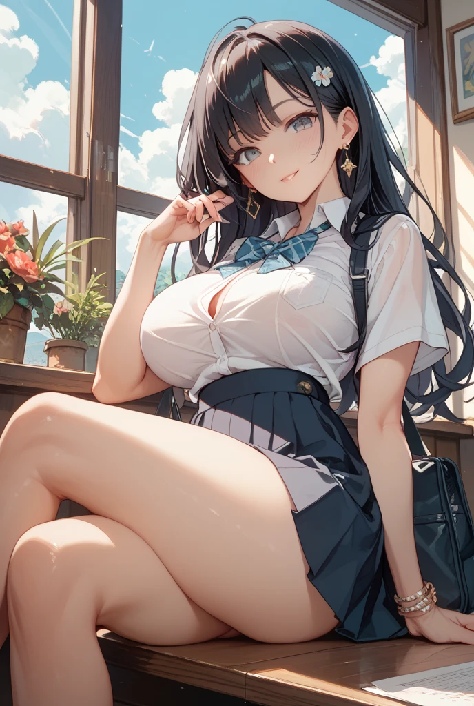 (masterpiece:1.3, Highest quality, Ultra-high resolution, Very detailed), (Realistic:1.1, photoRealistic:1.4), Beautiful illustrations, Perfect lighting,Written boundary depth, Beautiful detailsまでこだわった髪, Beautifully detailed face, Beautiful details, Beautiful clavicle, Beautiful body, Beautiful and juicy breasts, Beautiful thighs, Beautiful feet, View your viewers, 1 Girl,Perfect Face, (Perfect Anatomy, Anatomically correct), Cute and symmetrical face、Baby Face、((Shiny Hair)),(Beautiful views),(Outdoor, Blurred night cityscape),(かわいいsmile, smile)、Sexy Body、(masterpiece),(Highest quality:1.3),8K,Very clear,(Ultra-realistic), One Girl,Wide Shot,((Large Breasts)),Wide Hips,Beautiful feet, Captivating woman、(masterpiece、Highest quality、Very detailedな)、((1 Girl))、((Black hair twin tails))、black eye、((とてもLarge Breasts))、Cleavage、((((Open white shirt、Open collar))))、Long sleeve、((Pink is good))、((Black pleated skirt))、Spread your legs))、(((Pink Panties)))、Cowboy Shot、Sit on a chair、Shooting from below、