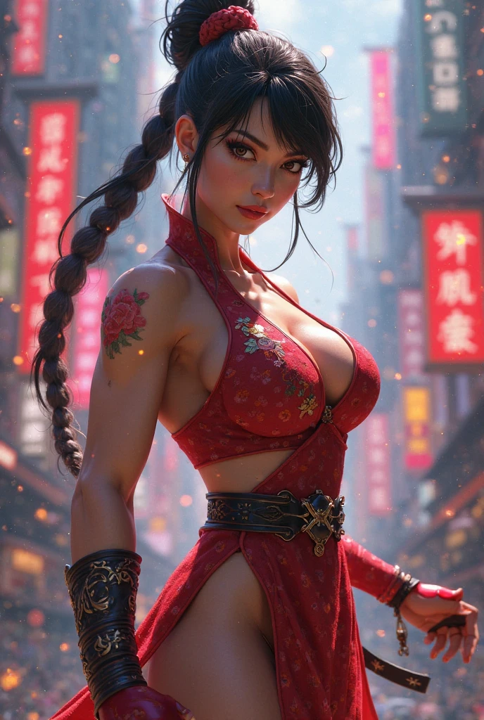 ((best quality, highly detailed, masterpiece)), cg, unity, unreal engine, detailed face, 8k, depth of field BREAK (Taki), (((red spandex bodysuit))), (pony tail) , black hair, brown eyes, serious, upper body, cameltoe, shoulder armor, at night, edo period, big boobs, (covered nipples:0.7), cowboy shot, standing on one leg, kicking, leg up, bokeh, burning building, cold and warm light <lora:Taki-10v6:0.95> <lora:more_details:1>