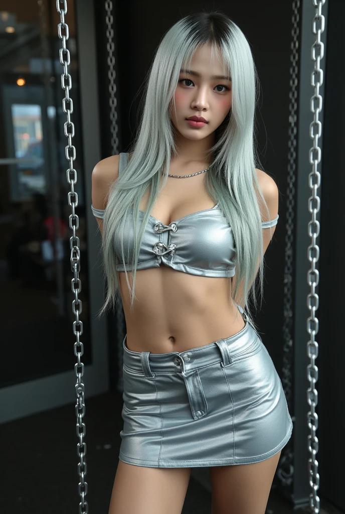 Masterpiece, 8K, photorealistic, ultra realistic, 
_ the most beautiful, (Japanese idol, sexy), 22 years old, (medium large Breasts:1.3), cleavage, lean but curvy body, slender waist, round hips, toned thighs, toned arms, (baby face, small face, small lips:1.2), Sharp Faceline, (small nose), (big eyes, Double eyelid, droopy eyes:1.3), smile, teeth, glistening teeth, (gray hair:1.3), medium hair, (Blue eyes, bright blue eyes:1.2), small jow, (makeup, Eyeshadow),  shiny skin, detailed skin, detailed face, detailed eyes, shiny hair, 
_
skirt Lift, dynamic angle, cleavage showing from below, look at viewer, Focus face,
_
Inorganic concrete studio with windows, highly detailed background, best White lighting,
_
BREAK (cheerleader:1.2), (micro mini skirt, black and White costume:1.2), (latex bikini:1.2), underboob, zettai ryouiki, fishnet stockings tights, garter belt, lace, (pom-poms), sports shoes, cat Ear, (cat Tail on ass:1.2),
_ raw photo, (nsfw),