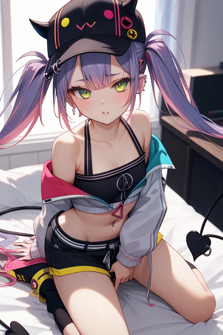 (((close up panties))), (I look up at the girls from the ground.)、(The girls who surrounded me and hugged me)、((A seductive)), Yui、low length、(thin)、((5 years old girl))、(Bright white skin), (((child girl)))、Multicolored Hair、Twin Tails、(Forehead)、Big eyes、Grey Eyes、Cropped tank top、(covered nipples), ((Angle from below:1.5)), Very short flared skirt、belly button、(Thighs), White panties, crotch、(Angle from the bottom of the girl), ((Girl squeezes me with her crotch))、(Squat)、Open your legs a little、((Crouching)), In the classroom of an elementary school、on boy, 
