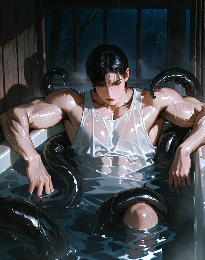 BDSM, 1 boy, solo, tight muscles, face detail, 25 year old boy showing his , raped, being by tentacles, tentacles wrapped around his , mouth with tentacles, handsome face, detail , beautiful , tentacles, naked, naked, body drenched with and slime, full body