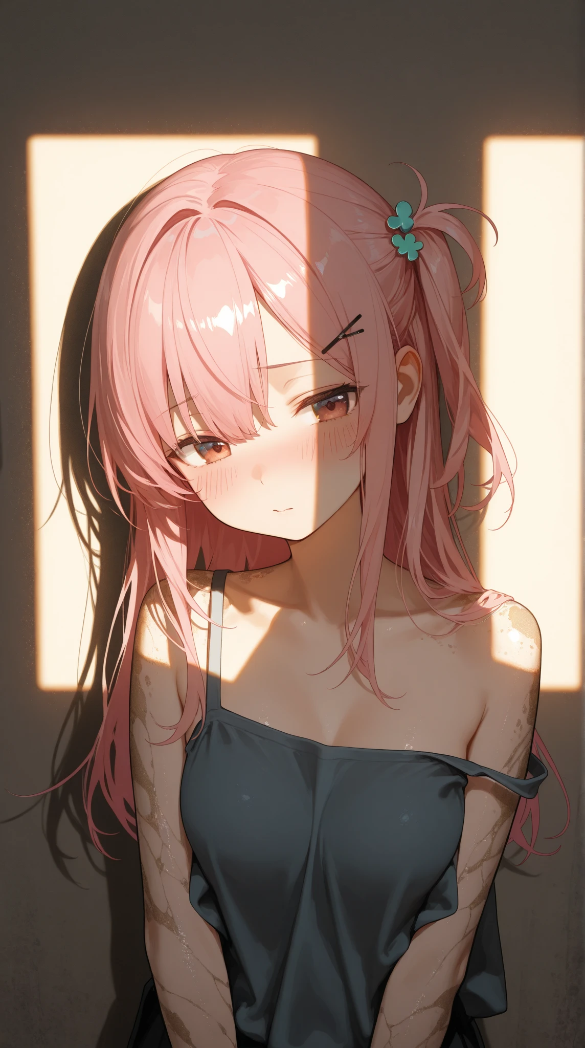 Best Quality,High resolution,8k,finelity detailed background,Masterpiece:1.2),beautiful girl,Shiny pink hair,messy hair,Pink eyes,Gentle look,A refreshing look,smile,Best quality,Best Quality,Aesthetic and aesthetic:1.2,Best details((Super detailed))(High-definition CG illustrations),Tank top,Slender body,noon,room,smile,blush,cute,Scrounge,Looking up,Being spoiled,super model,focus face