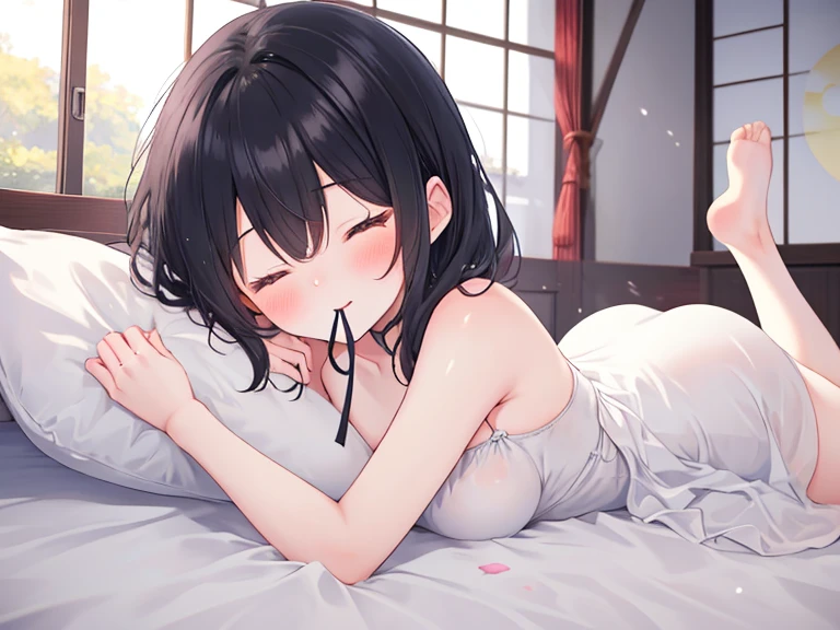 One woman, 23 years old,bed_Sheet,On all fours, back view,Ecstasy,Eyes closed, ecstatic,blush, Sweaty, glistening skin,topless,chest, chestの谷間, clavicle, slender, 形の良い大きなchest, belly button, Light Brown Hair, Medium Hair, alone,White panties,Simple background,Pink heart symbol flying,White Breath,