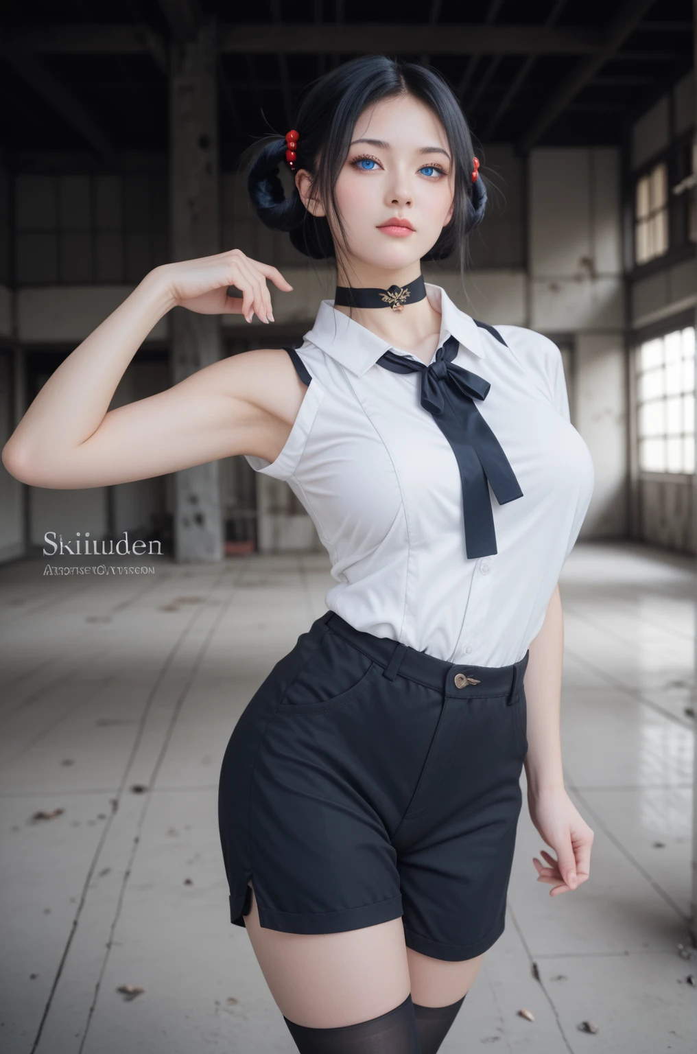 trembling_effect_climax, Xenovia_Quarta, black capelete, red pleated skirt, white collared shirt, black ribbon, blue hair, short hair, green hair streak, gold eyes, curvy figure, large breasts,