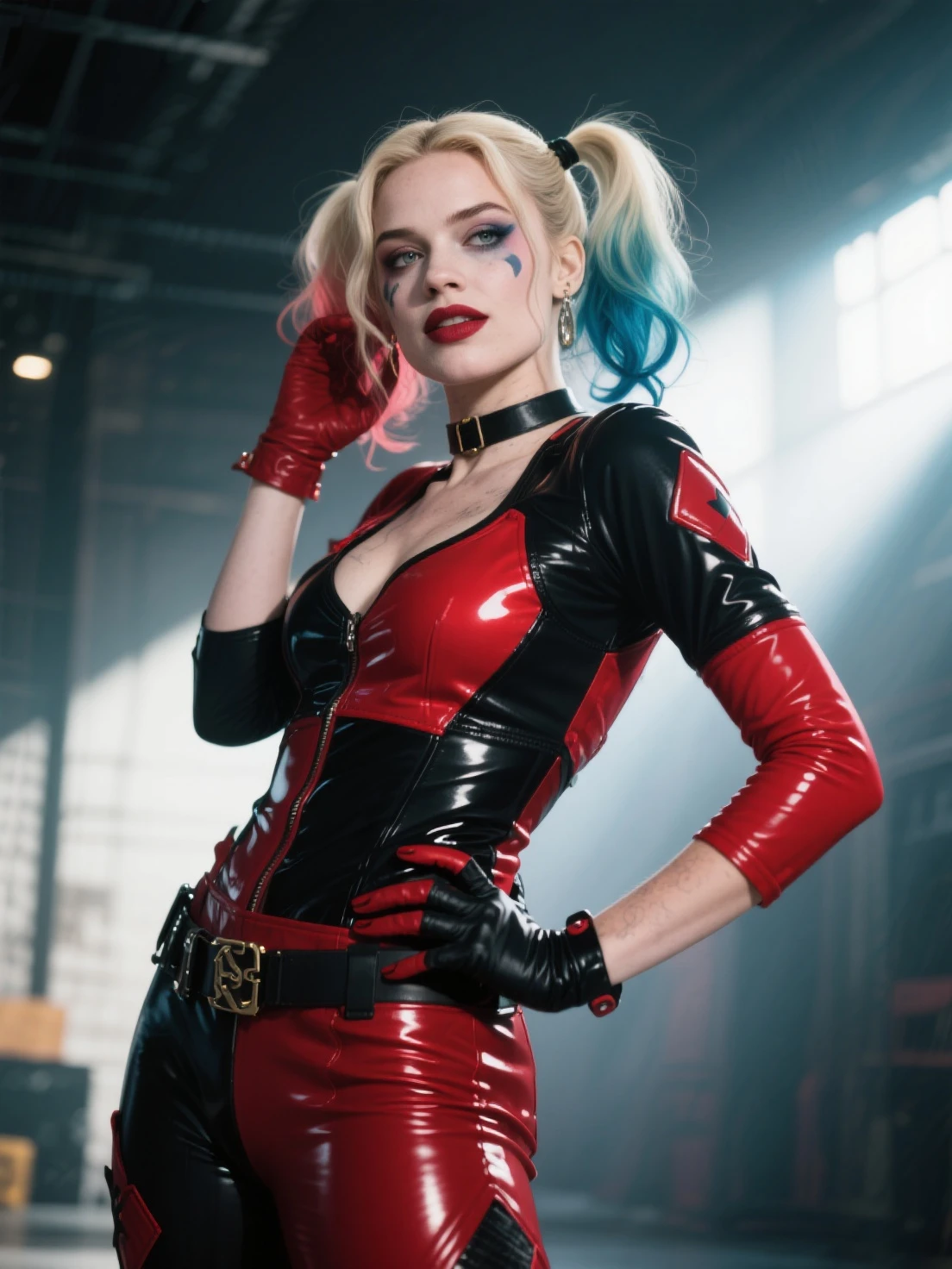 Harley Quin, big breasts, Margot Robbie, Gotham city, chaos, fight, annoyed, red and black latex suit, fat vagina 