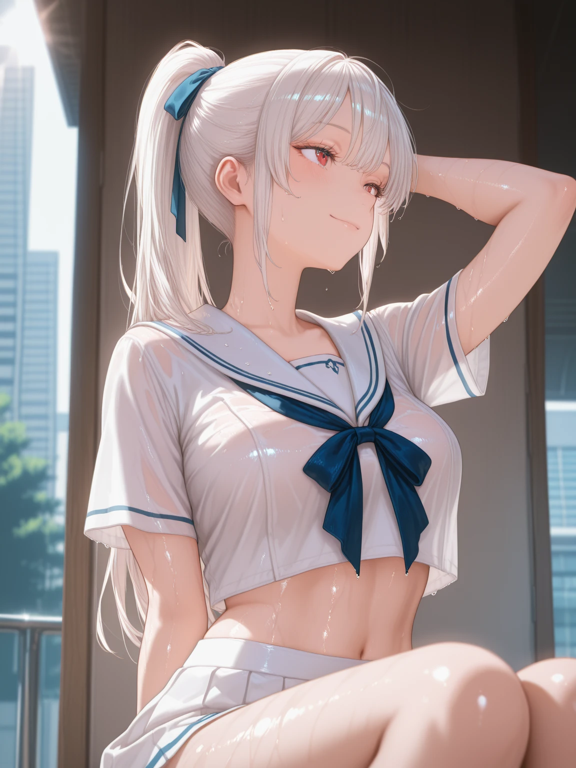 Cornflower art, dreamy, (masterpiece, top quality, perfect anatomy, beautiful face, realistic, super detailed, 1 girl, 18 ears senile, solo, depth of field, canon 24mm lens, f1.4, cute_girl, sailor_ collar, clear facial features, short sleeves, big, slender stature, height 170, barefoot, double ponytail, bangs, gravure pose, outdoor, jungle, blurred background, (Uwabaki: 1.1576)) all over body, clear liquid dripping from the crotch, the front of the shirt is exposed, the breasts are visible, the bra is not on,