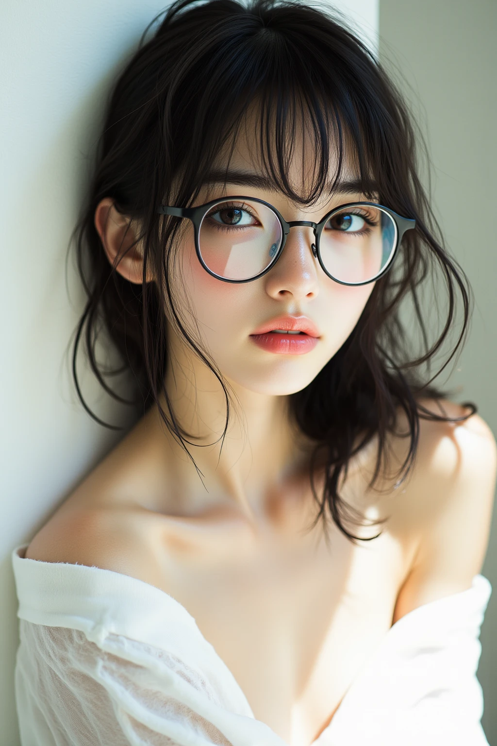 1Girls,glasses,Thin white shirt,open one shoulder,eye drop, medium chest,fantasy beauty,4K,Sexy Photos,Aorabo,visual photography, light tones ,Romantic mood,gentle,Trendy,emotional reflection,meme