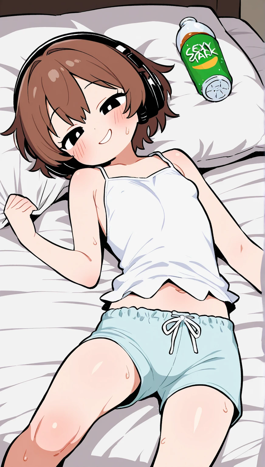 (masterpiece, best quality), white bedroom, 1girl, petite, loli, child, (t-shirt, children's print panties), (unzipped shorts, take off shorts:1.2), lying on bed, smile, fun, wide angle, soft light, best shadows, watercolor