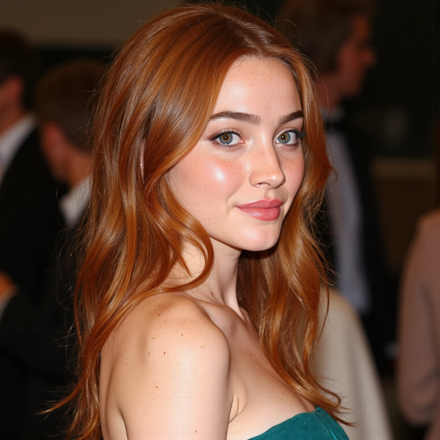 a woman with red hair and green leaves, hyper-realistic skin, shiny/glossy, modern jewelry, gongbi, portraiture, dark teal and light gold, tropical landscapes, Face portrait photo oF a 21-year-old German woman, .raw, beautiFul woman, half strawberry lips, Fossettes, nostalgic look, green eyes, great student, Large eyelashes, (Brown extra long wavy hair), ((detailed Face)), ((detailed Facial Features)), (Finely detailed skin), red skin, (Deep neckline detailing high-tech cyberpunk dress), Cyberpunk Cyberpunk big city environment, (cold colors), moist, moist, reFlections, (masterpiece) (height ratio / perfect width) (photo realist) (best quality) (detailed) Shot with Canon EOS R5, ObjectiF 50mm, F/2.8, human development report, (8k) (wallpaper) (light) (Dramatic Light) (sharp focus) (complicated)