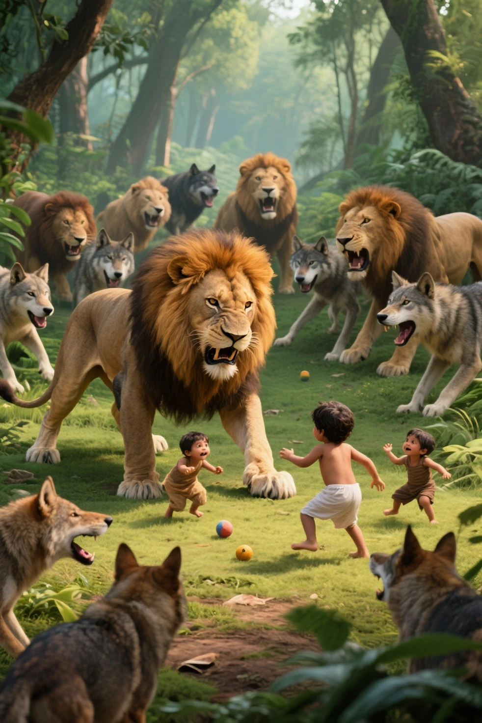 A child crying for milk and its mother is dead, flanked by wolves and lions, There is forest all around