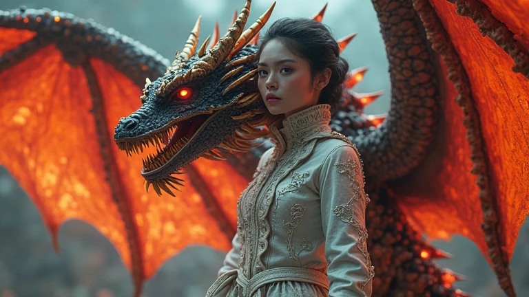 a woman dressed in black and a dragon on a snowy day, cyborg dragon, karol behind uhd, detailed fantasy digital art, great digital art with details, highly detailed fantasy art, Trends in digital fantasy art., detailed fantasy art, beautiful digital artwork, 4K fantasy art, Highly detailed 4k digital art, hyperrealistic fantasy art