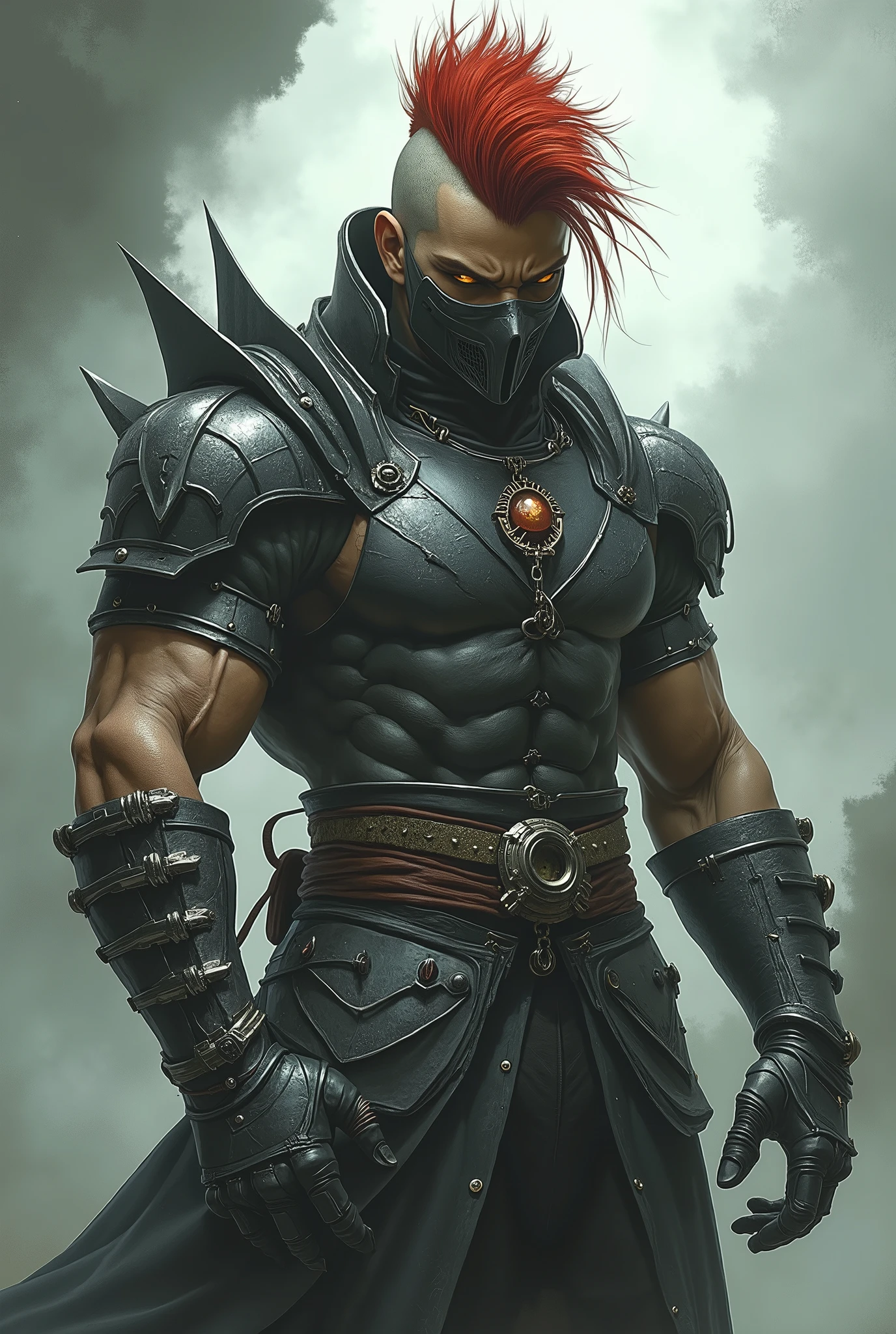 Surrealism, retina, masterpiece, accurate, anatomically correct, super detail, best quality, 8k, extremely precise in every detail, beautiful detailed glow, beautiful attention to detail, beautiful detailed eyes,(a male martial artist is in a martial arts stance in the fog), (wearing a black steal body armor), BREAK (wearing full-length dark grass-colored cargo pants), wearing an iron mask over his mouth, BREAK (long red Mohawk), Sharp brown eyes, a Japanese battle manga character, Buff body, muscular body, tanned body