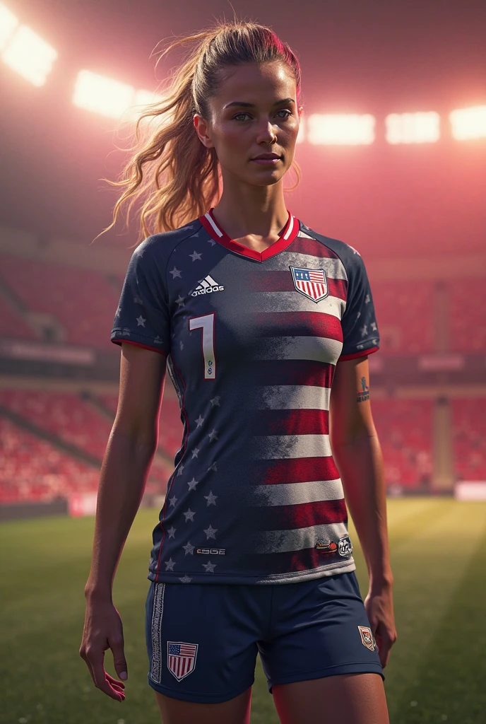 Create a women's soccer uniform with white, blue and red colors with the United States shield