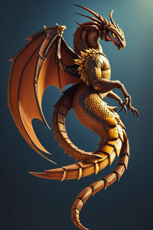 Golden Chinese Dragon、Full body exit。Hover。Solid color background