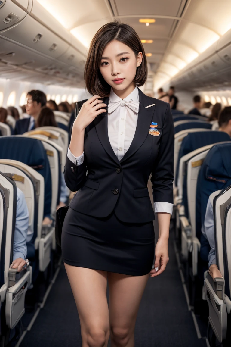 (masterpiece, Highest quality, 8K, Intricate detaileds, 超detailed, Ultra-high resolution,) 1 female, alone, A beautiful and ripe year, (Flight attendant uniform:1.4), Are standing, ((Beautiful Face)), (detailedな顔), (Perfect Teeth), double eyelid, eyelash, 唇のdetailed, Grin, (Black Short Hair), (Huge breasts), detailed, Perfect body, ((Cowboy Shot)), (background: Inside the plane)