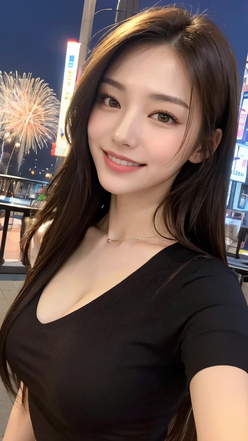 ((night view, realistic light, highest quality, 8k, masterpiece: 1.3)), 1 girl, slim body beauty: 1.4, brown hair, (big: 1.3), off shoulder cut tops: 1.3, super detailed face, fine eyes, double eyelid, Disneyland, Squirting, city, firework, smile, cleavage, Saggy