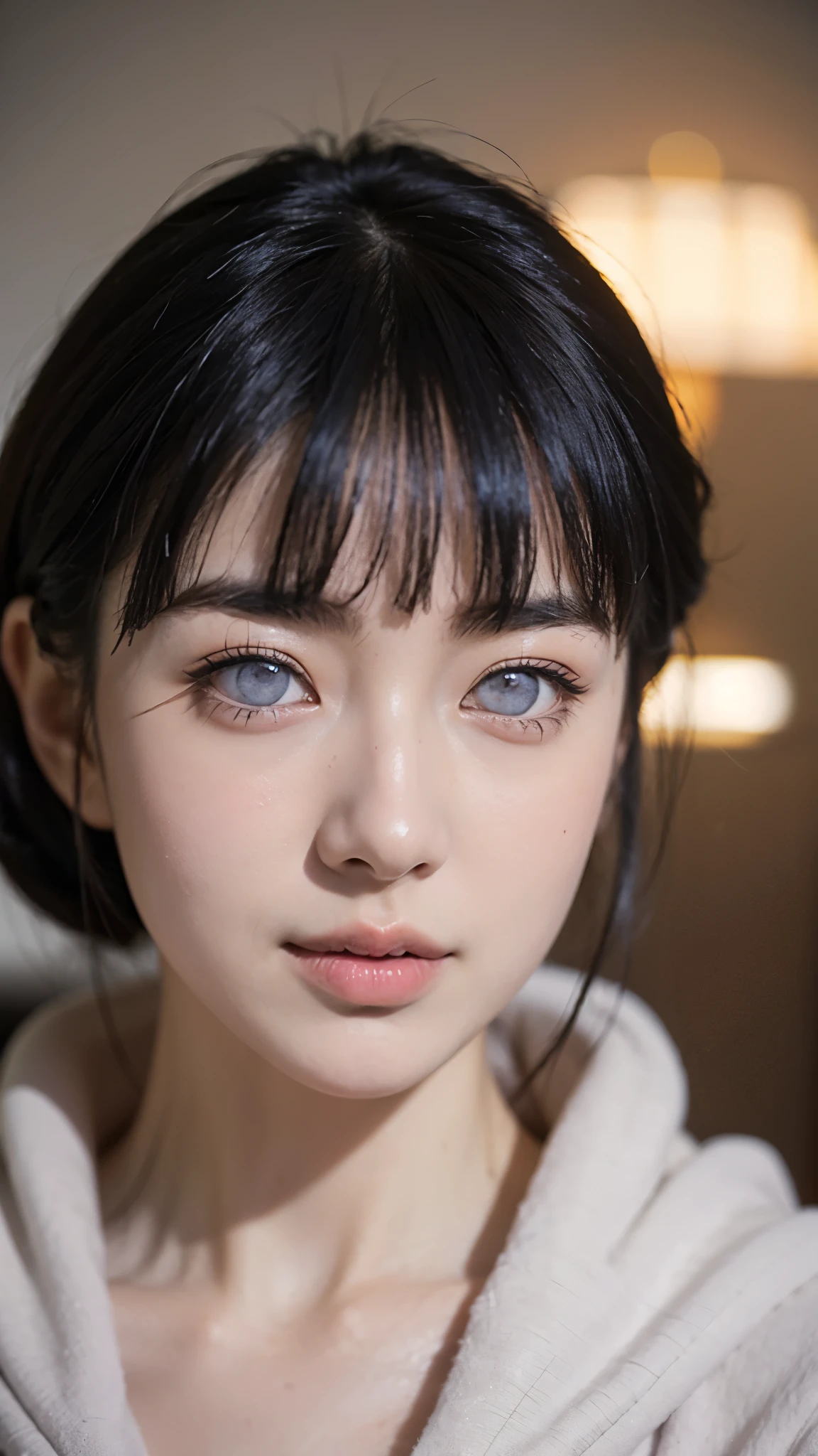 Create a photorealistic portrait of Hinata Hyuga from Naruto as if she existed in the real world. She is a stunning young woman with long, flowing dark indigo hair, soft bangs framing her delicate face. Her eyes are a pale lavender shade, glowing with warmth and sincerity, and have no visible pupils, staying true to her Byakugan heritage. She has a soft, graceful smile that radiates kindness, shyness, and quiet confidence. Her skin is porcelain-smooth, with a natural glow and flawless complexion. She wears a modern, subtle version of her ninja outfit—light lavender and cream tones with a hoodie-style top and delicate textures. Her posture is gentle yet dignified, reflecting her inner strength. The background is softly blurred to highlight her face. Ultra-detailed textures, lifelike lighting, cinematic depth of field, high resolution, hyper-realistic style, 8K render.