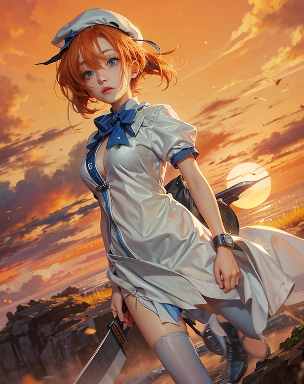 (Ultra HD quality)), ((masterpiece)), Very detailed,Puffy nipples、(see through:1.5)、straighten your back、abdominal muscles、huge bust、angle to floor:1.2、low camera angle、Hair loss on crotch,Hatsune Miku,(masterpiece, best quality:1.2), Face focus, face close-up, Close-up face:1.2),, 1 girl, Soryu Asuka Langley, alone, blue eyes, , looking at the audience, long hair,tokyo-3 middle , orange hair, white shirt, shirt, short sleeves, close your mouth, Bangs, one side up,white socks, Slip dress, 蓝色skirt, blue skirt, outdoor, skirt, hair accessories,
