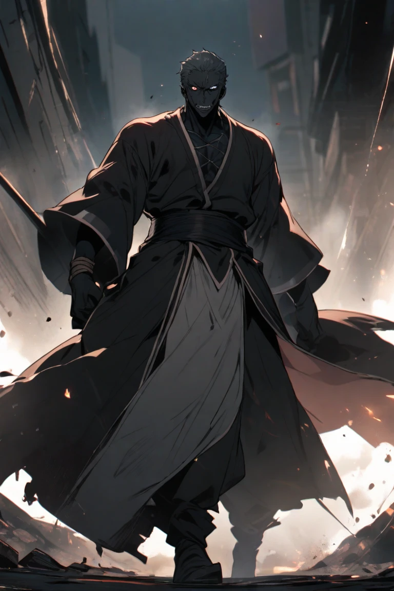 A mysterious 100m tall giant monk appears in the misty old Japanese town. ,One big eye in the center of the face,Only black monk costume,　Scary atmosphere, Smokey, Hyperrealism, high quality, masterpiece,