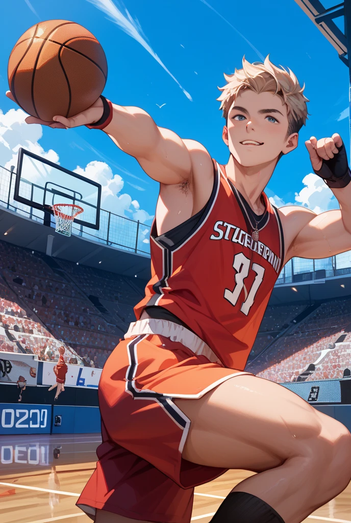 <lora:basket_uniform-10:0.35> wearing basket_uniform, inside basketball field, back view, side view, basketball, straight-on, dribbling \(basketball\), 1boy, muscular male, slim, red and white clothes, number 10, (1boy:1.2), (straight-on, facing viewer:1.3),, ultra detailed, masterpiece, best quality, aesthetic, detailed,, solo, smile, 1boy, blue eyes, medium blonde hair, parted bangs, hair intakes, male focus, muscular male,